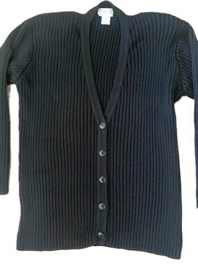 Lands End Cardigan Ladies Large Black Long Rib Buttoned Removable Shoulder Pads